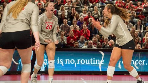 Ohio State women’s volleyball celebrates a win