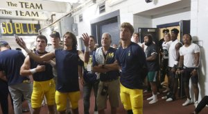 Quarterback J.J. McCarthy and other members of the Michigan Wolverines football team.